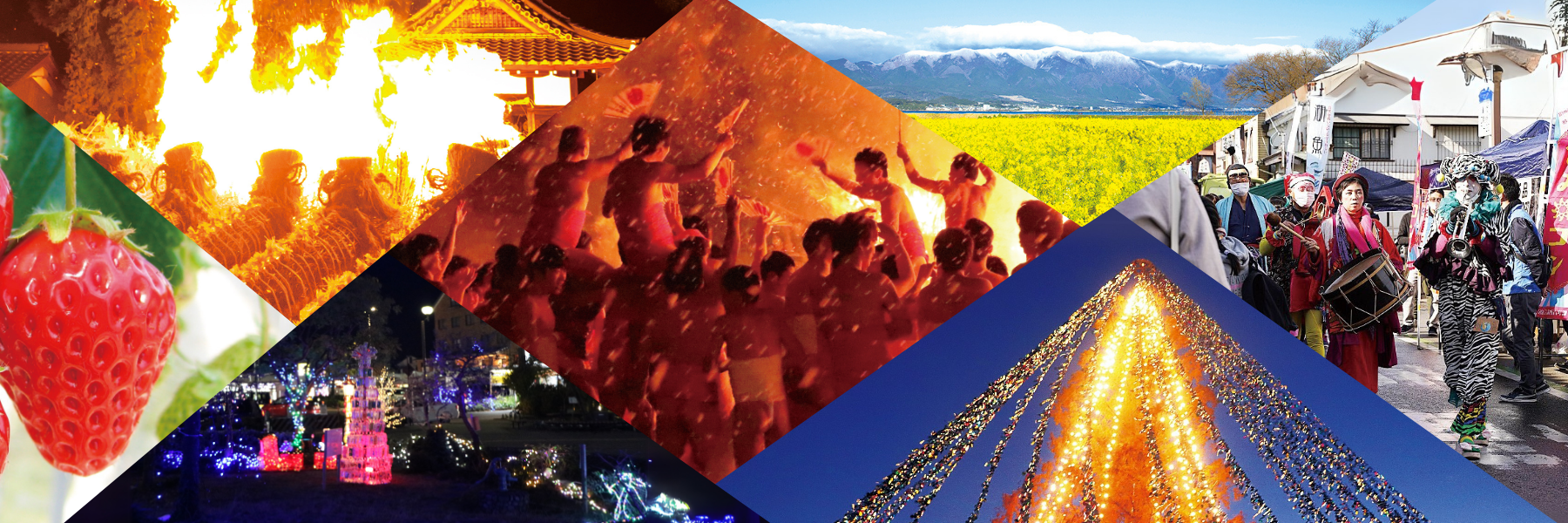 写真:守山市のイメージ(浮気の火まつり、勝部の火まつり、第1なぎさ公園の菜の花畑、もりやまいち、もりやまいちご、もりやまふゆほたる、中洲ふれあいの灯)