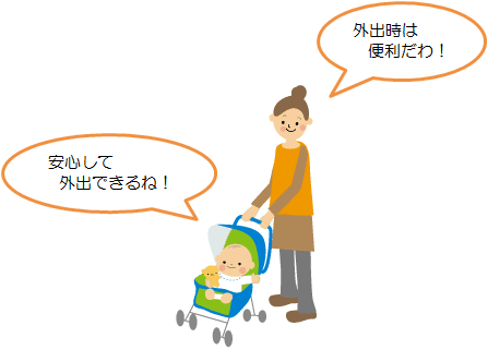 イラスト：赤ちゃんとママ　「外出時は便利だわ！」　「安心して外出できるね！」