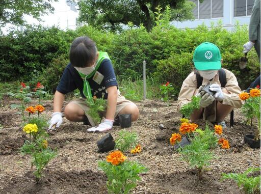 写真：花を植える子どもたち