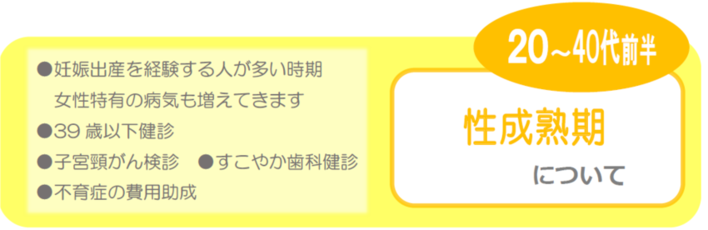 20～40代前半　性成熟期について　妊娠出産を経験する人が多い時期 女性特有の病気も増えてきます　39歳以下健診　子宮頸がん検診　すこやか歯科健診　不育症の費用助成