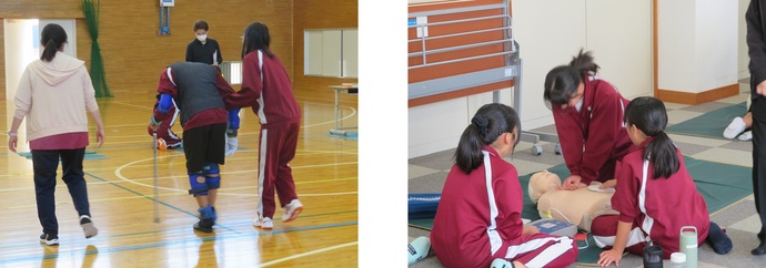 高齢者疑似体験、一次救命体験の様子